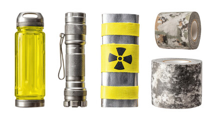 Essential survival tools including a water bottle, flashlight, radiation marked container, and camouflage tape are displayed on a transparent background, suggesting preparedness for an apocalypse