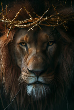 LE&Atilde;O DE JUD&Aacute;, imagem poderosa justapondo uma figura gentil de Jesus com uma coroa de espinhos ao lado de um le&atilde;o majestoso, simbolizando um encontro profundo entre o amor divino e a for&ccedil;a bruta,