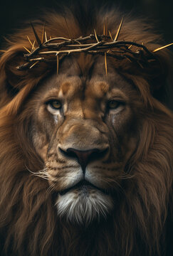 LE&Atilde;O DE JUD&Aacute;, imagem poderosa justapondo uma figura gentil de Jesus com uma coroa de espinhos ao lado de um le&atilde;o majestoso, simbolizando um encontro profundo entre o amor divino e a for&ccedil;a bruta,