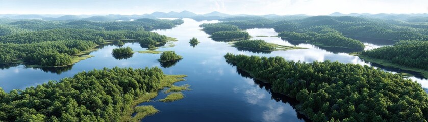 Fototapeta premium Aerial view of a scenic lake with lush green islands and distant hills under a clear sky.