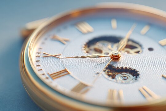 close-up of vintage clock with visible intricate gears surrounded by light shadows