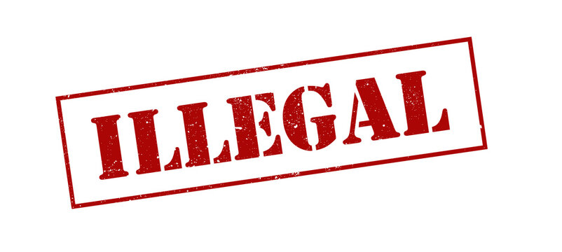 a bold red stamp with the word "ILLEGAL" in uppercase letters, designed with a distressed texture to emphasize urgency and authority. The worn effect adds a sense of official documentation 