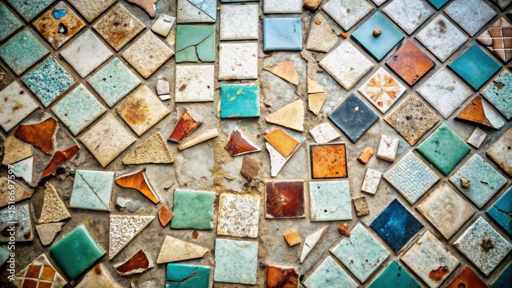 Poster A Colorful Mosaic of Broken and Intact Tiles Arranged in a Geometric Pattern on a Weathered Surface