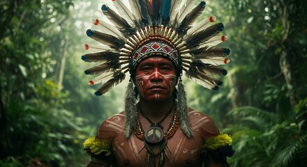 Native american man with headdress and face paint standing in a lush green forest environment