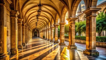 Sunlit Colonnade A Serene Architectural Passageway with Warm Golden Hues and Verdant Surroundings