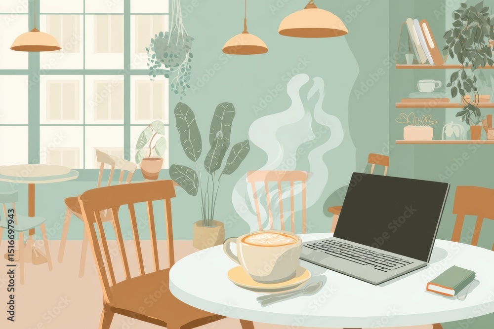 Aufkleber Cozy Corner Cafe Setting With Steaming Coffee and an Open Laptop Inviting Relaxation and Productivity