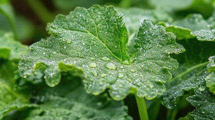 Close-up view of a plant leaf covered in water droplets.