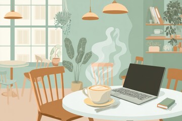 Fototapeta premium Cozy Corner Cafe Setting With Steaming Coffee and an Open Laptop Inviting Relaxation and Productivity