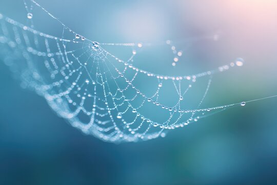 close-up of dewdrops glistening on delicate spider web in natural setting - Powered by Adobe