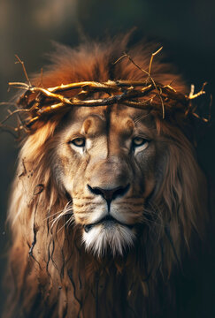 LE&Atilde;O DE JUD&Aacute;, imagem poderosa justapondo uma figura gentil de Jesus com uma coroa de espinhos ao lado de um le&atilde;o majestoso, simbolizando um encontro profundo entre o amor divino e a for&ccedil;a bruta,