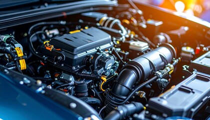 Fototapeta premium hybrid vehicles close up of a car engine with intricate mechanical details