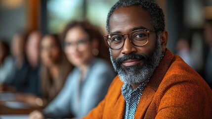 Confident businessman in a meeting, showcasing leadership qualities with an engaging smile. Collaborative environment, focus on teamwork and professionalism.