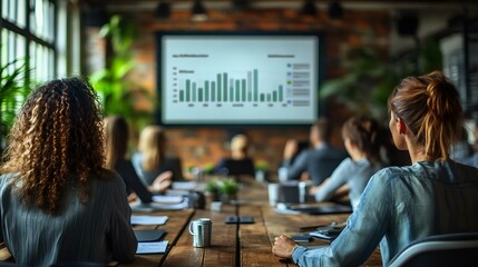 A diverse group of professionals in a conference room viewing a presentation on a screen, engaged in a business meeting.