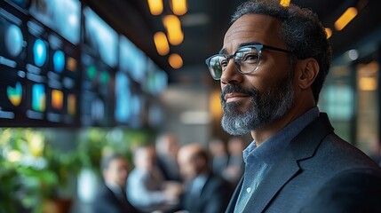 Confident businessman in formal wear, engaged in a meeting with colleagues. Modern office background showcasing data analytics on screens.
