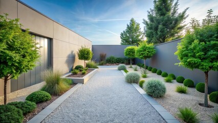 Naklejka premium Serene Modern Courtyard Garden Design Featuring Gravel Pathway and Lush Greenery