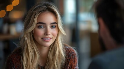 Fototapeta premium A young woman with long blonde hair smiles warmly while engaging in conversation, surrounded by a cozy café atmosphere with soft lighting.