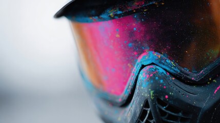 close-up of paintball mask with colorful splatters on lens