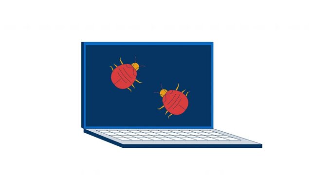 Computer bugs crawling on laptop screen 2D cartoon object animation. Software viruses glitches. Cybersecurity. Malware insects notebook animated flat colorful item 4K video isolated on white