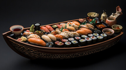Assorted Sushi Platter Arranged on an Ornate Boat-Shaped Tray