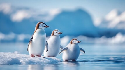 Three charming penguins stand together on an icy surface, highlighting the beauty of wildlife, the harshness of their habitat, and the wonders of nature in a serene setting.