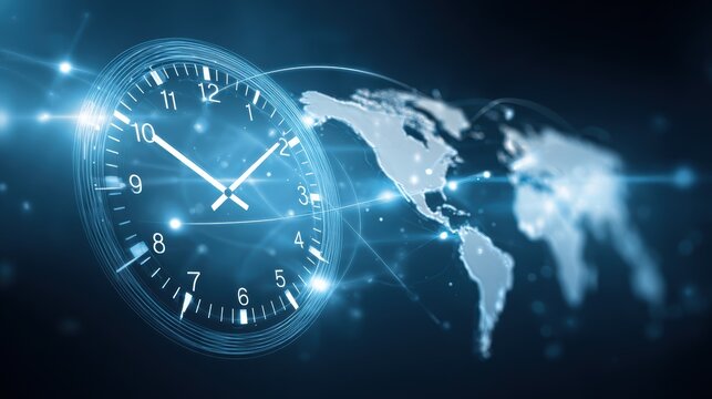A digital clock with a glowing world map background symbolizes global time and connectivity.