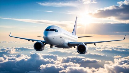 Airplane in the sky, over the cloudy sky