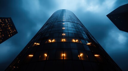 A towering glass building rises against a moody sky, showcasing modern architecture and the interplay of light, creating an intriguing urban atmosphere.