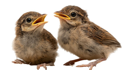 Two baby birds with soft brown and tan feathers and bright yellow beaks chirping with mouths wide open on a transparent background, expressing their hunger and eagerness for feeding