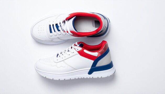 stylish white sneakers with red and blue accents top view
