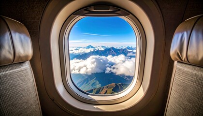 Naklejka premium Airplane window. Mountain and clouds view