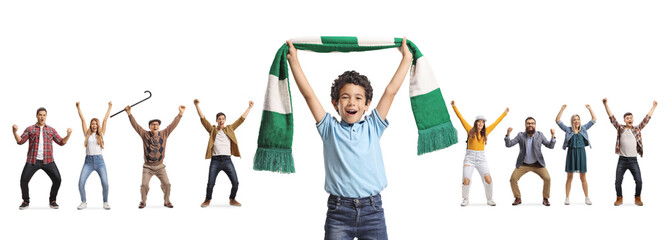 Boy with a scarf and people cheering and supporting a sports team © Ljupco Smokovski
