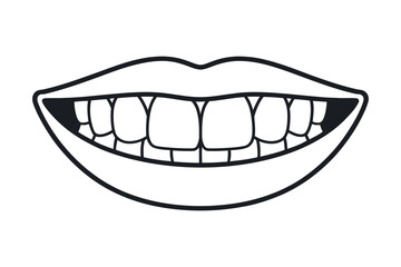Simple Black and White Illustration of a Smiling Mouth with Teeth Lips and Gums on an Isolated White Background for Design Purposes