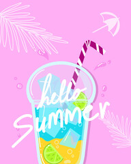 Summer Fresh Ice Cold Drink Lemon Soda Retro Poster Illustration Vector Flat
