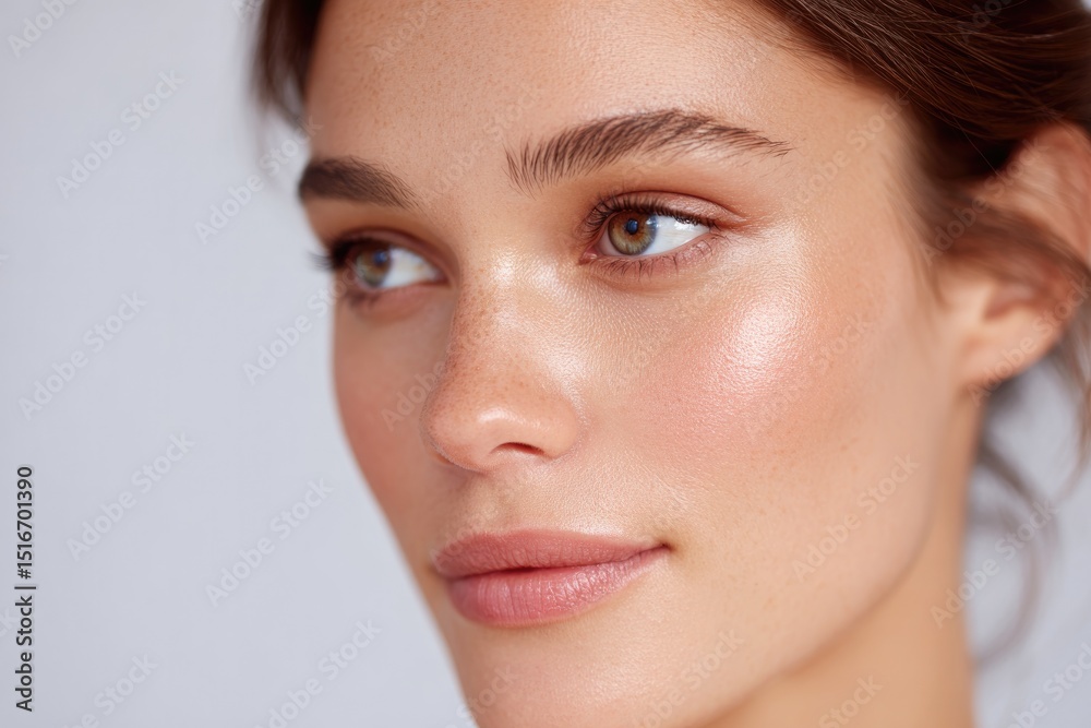 Wall mural close-up shot of model with modern makeup emphasizing sleek minimalistic lines with ample copy space