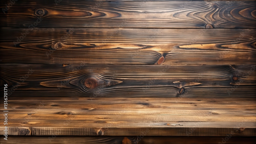 Poster rustic wooden tabletop with dark brown planks background ideal for product displays and presentation