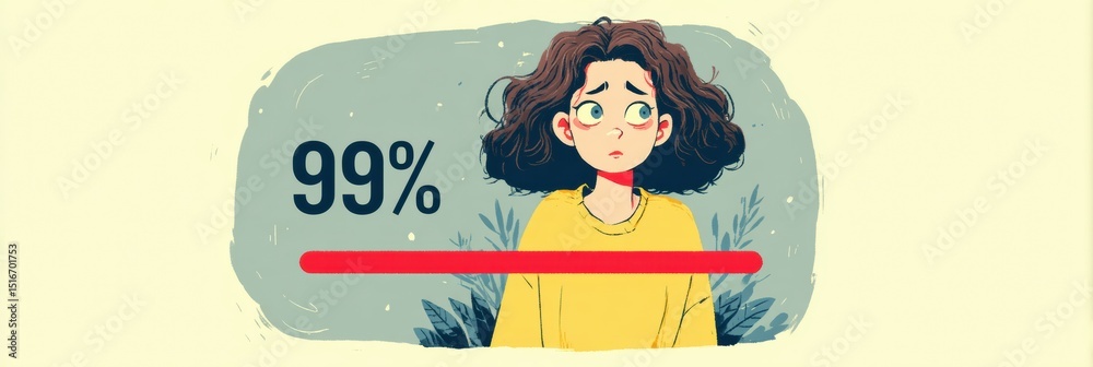 Poster loading bar frustration illustrated with a character stuck at ninety-nine percent, expressing anxiet