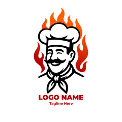 Chef logo for kitchen branding cooking tools restaurant identity culinary business flat design chef hat vector illustration professional uniform cartoon mascot food service