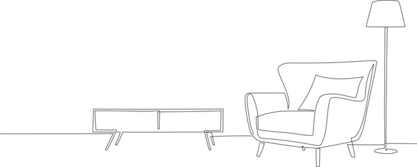Continuous line drawing of cozy living room scene with armchair, lamp and bedside table. Rustic modern interior in minimalist linear style. Editable vector illustration