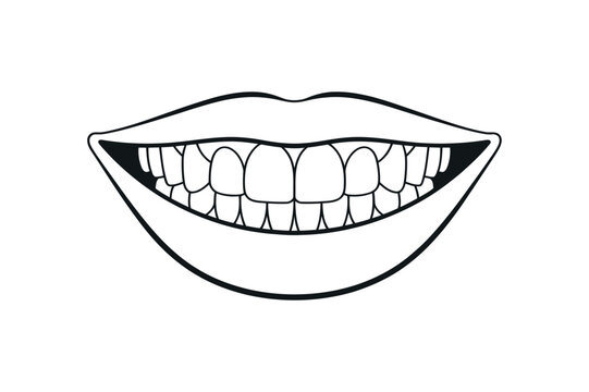 Smiling Mouth with Teeth Vector Illustration Black and White Line Art Drawing of a Happy Smile Dental Health and Hygiene Concept Design Element