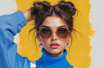 Trendy Digital Portrait of a Young Woman with Sunglasses and Double Bun Hairstyle on Yellow Background