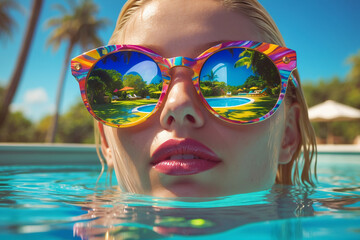 Vibrant Summer Poolside Fashion: Colorful Sunglasses and Tropical Vibes Close-Up Portrait