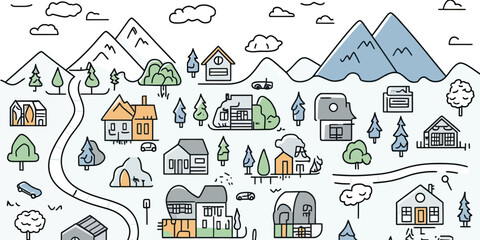 Minimalist hand drawn city map with houses, trees, mountains, roads, vehicles, clouds, and landscape elements in flat vector illustration style for village concept