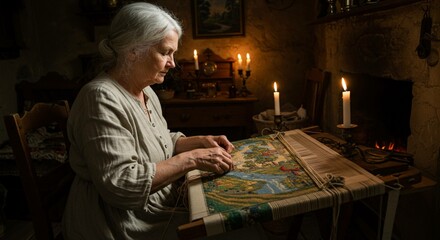 Elderly woman weaving tapestry by candlelight in rustic interior with fireplace and wooden furniture