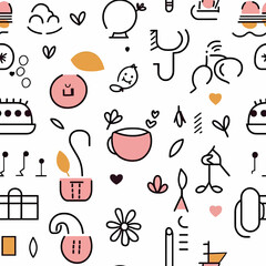 Seamless pattern with minimalistic baby elements cups animals hearts flowers gifts and leaves in flat line art style on white background for children design