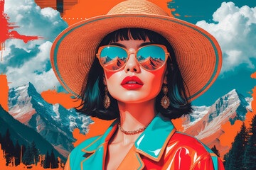 Vibrant Pop Art Style Portrait of a Woman with Mountain Reflection Sunglasses and Bold Colors
