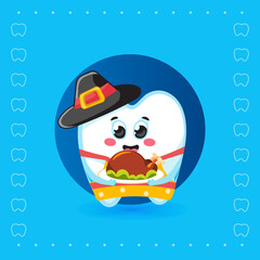 Cute Tooth Character Holding Thanksgiving Turkey