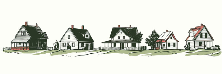 Row of five vintage rustic farmhouse sketches in hand drawn style with pitched roofs chimneys and porches countryside rural homes vector illustration