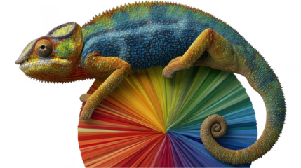Chameleon adapting and changing colors while holding onto color wheel, showcasing adaptability and color change with transparent background