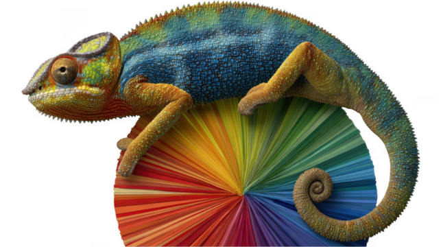 Chameleon adapting and changing colors while holding onto color wheel, showcasing adaptability and color change with transparent background