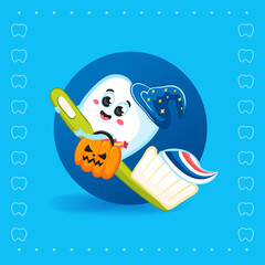 Cute Tooth Witch Flying on Toothbrush with Halloween Candy Basket